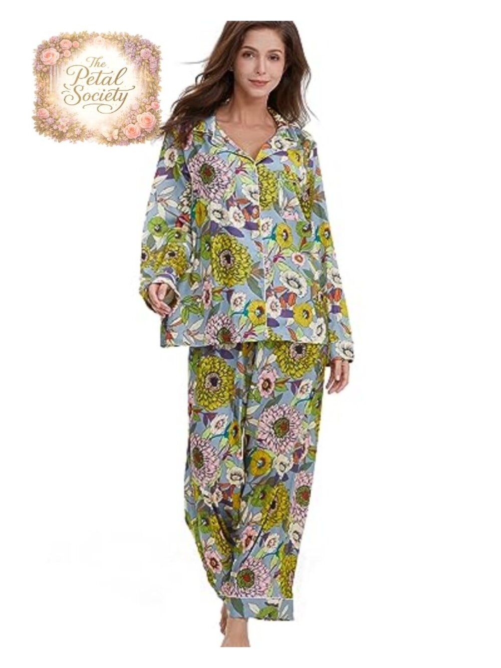 Women's Silk Satin Pajama Set Button Down Long Sleeve Sleepwear with Pockets